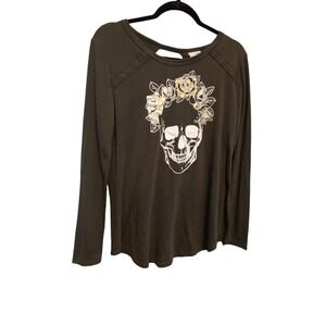 Jerry Leigh Shirt Juniors L Long Sleeve Skull Rose Crown Pullover Green